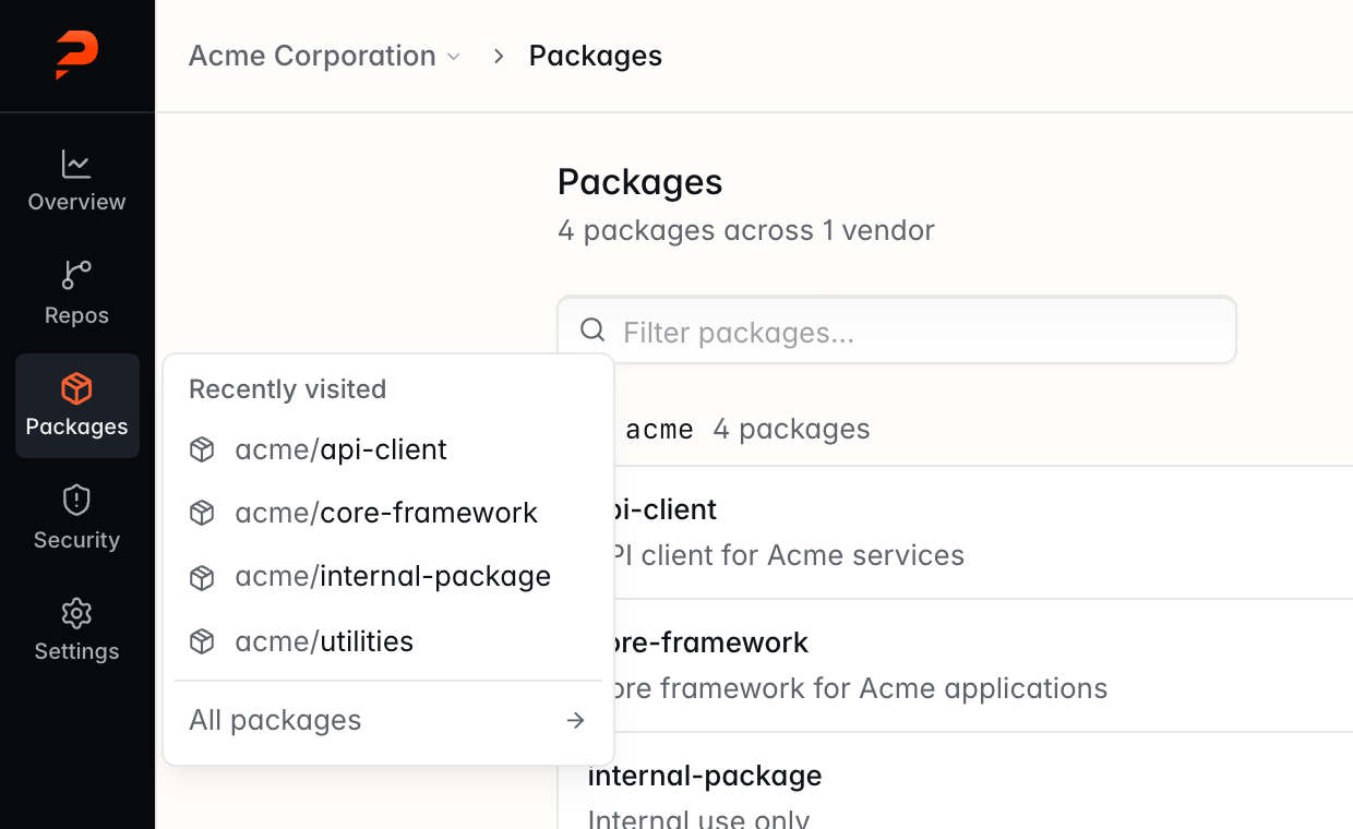 Pricore sidebar with a recently visited menu listing four packages next to the Packages item