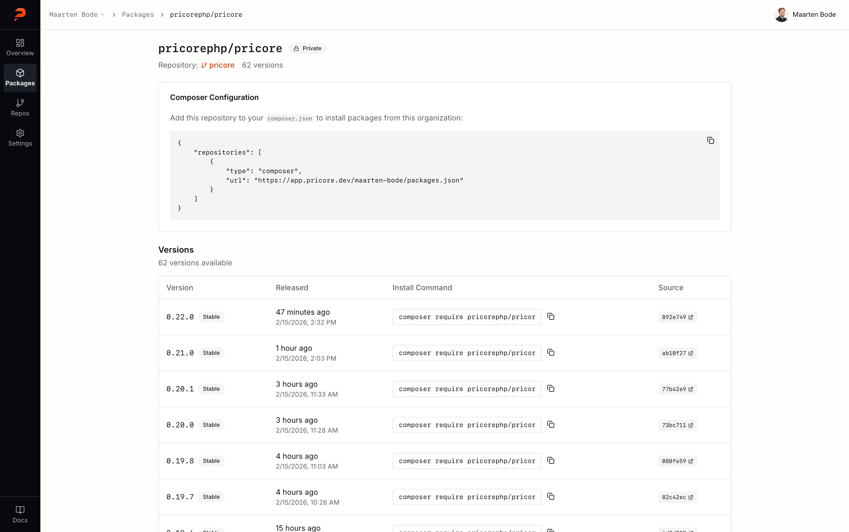 Pricore dashboard showing package management interface