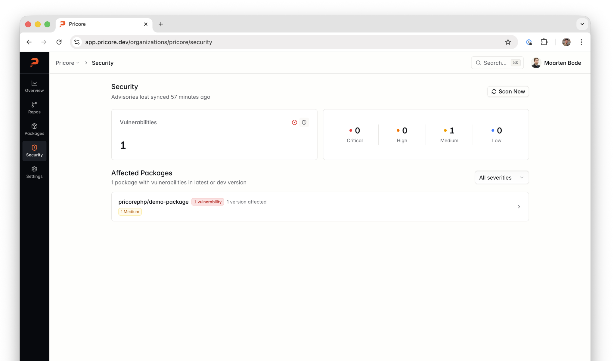 Pricore security overview showing vulnerability counts by severity and affected packages